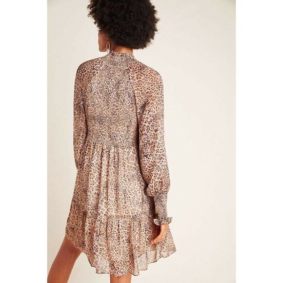 NWT ANTHROPOLOGIE ML MONIQUE LHUILLIER Sz 2 LEOPARD SMOCKED MINI DRESS - Picture 2 of 4